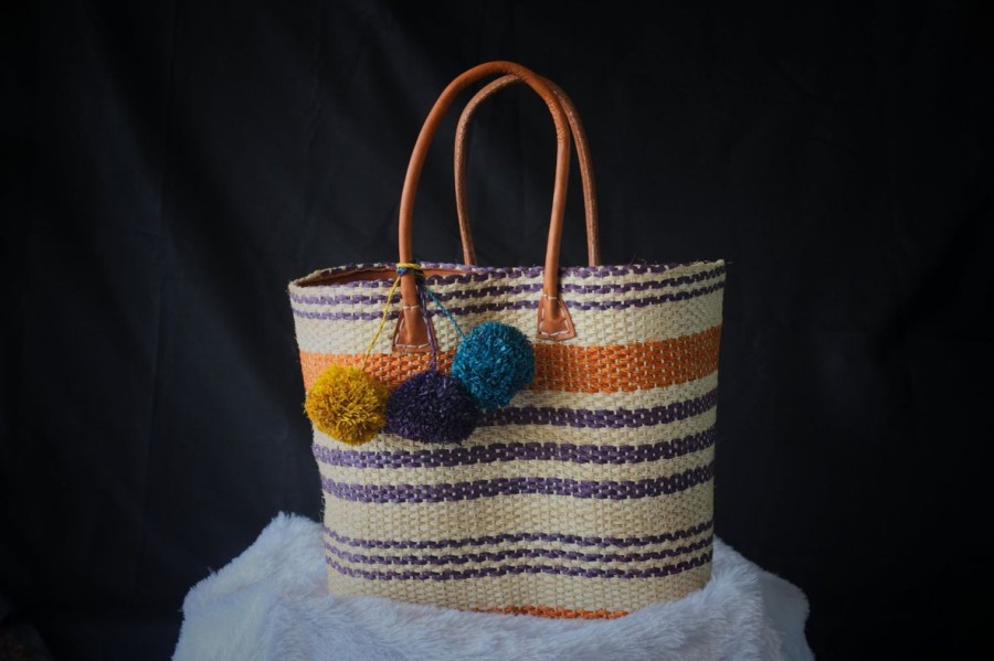 Women Weave Bags & Totes | Beige And Black Striped Tote With Pompoms