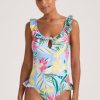 Women Papaya Holiday Swimwear | Blue Tropical Floral Frill Swimsuit