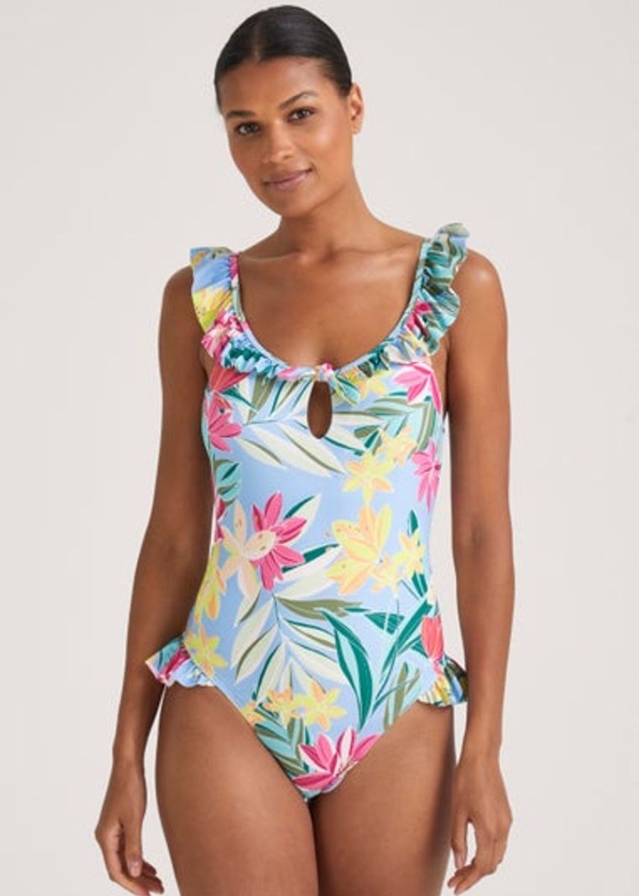 Women Papaya Holiday Swimwear | Blue Tropical Floral Frill Swimsuit