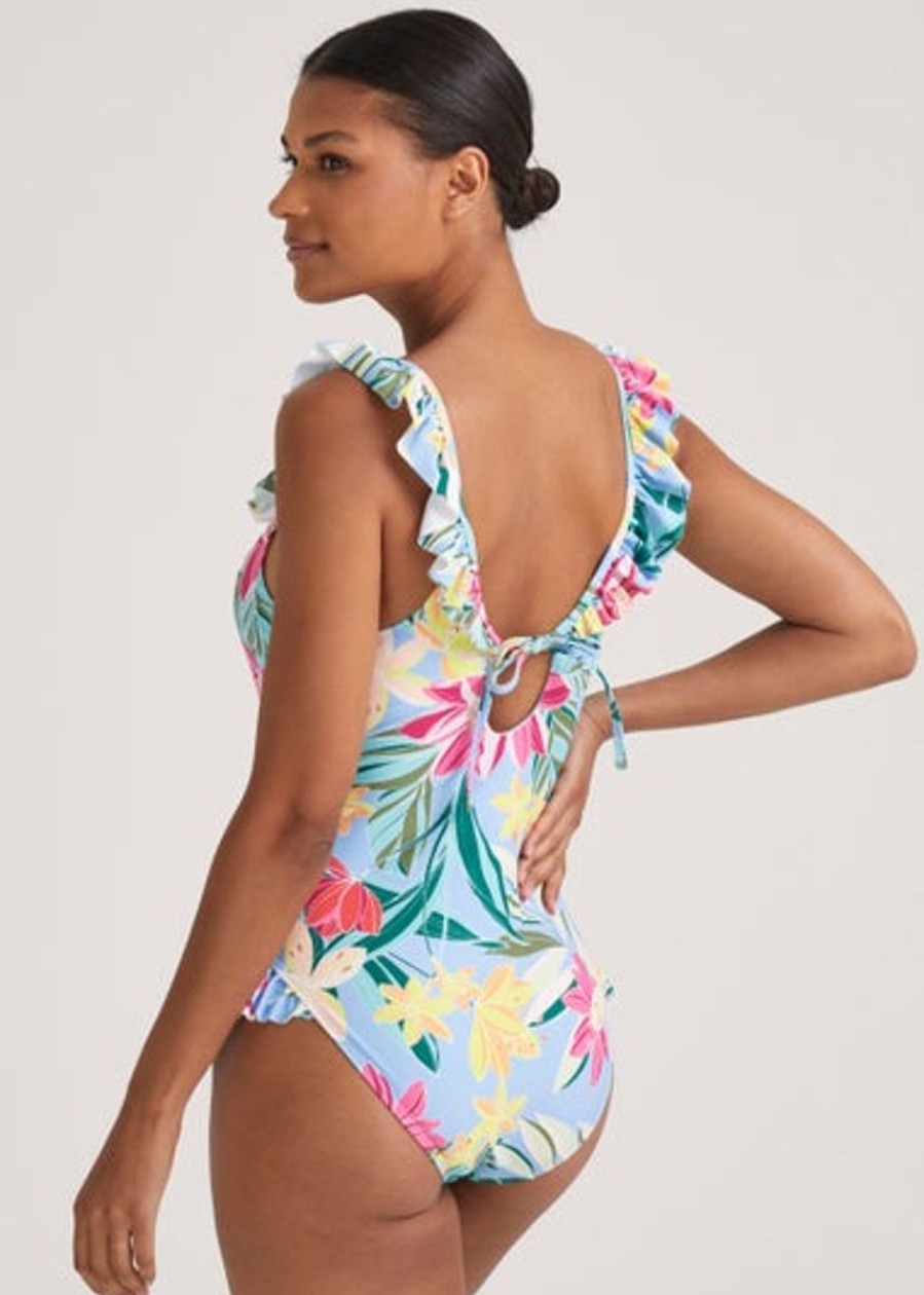 Women Papaya Holiday Swimwear | Blue Tropical Floral Frill Swimsuit