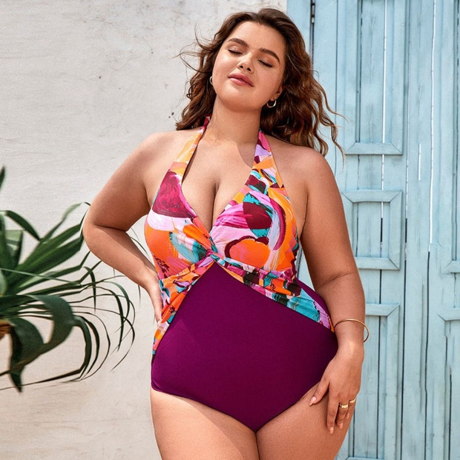 Women The Beach Company Swimwear | Artistic Flowers Twist Front Tummy Control Plus Size One Piece Purple/Multi