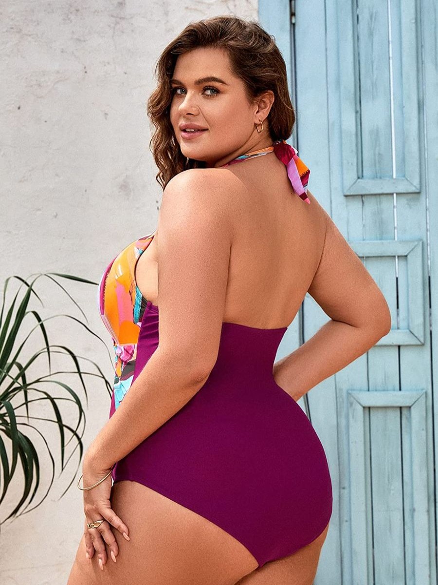 Women The Beach Company Swimwear | Artistic Flowers Twist Front Tummy Control Plus Size One Piece Purple/Multi