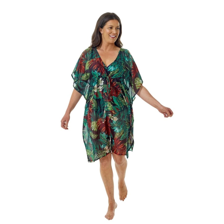 Women The Beach Company Beachwear | Tropical V-Neck Kaftan Green/Multi