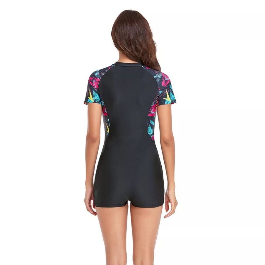 Women The Beach Company Swimwear | Black Zip Front Short Sleeve Boyleg Black/Multi