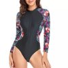 Women The Beach Company Swimwear | Uv Sun Protection Palm Print Long Sleeve Zipper Swimsuit Black/Printed