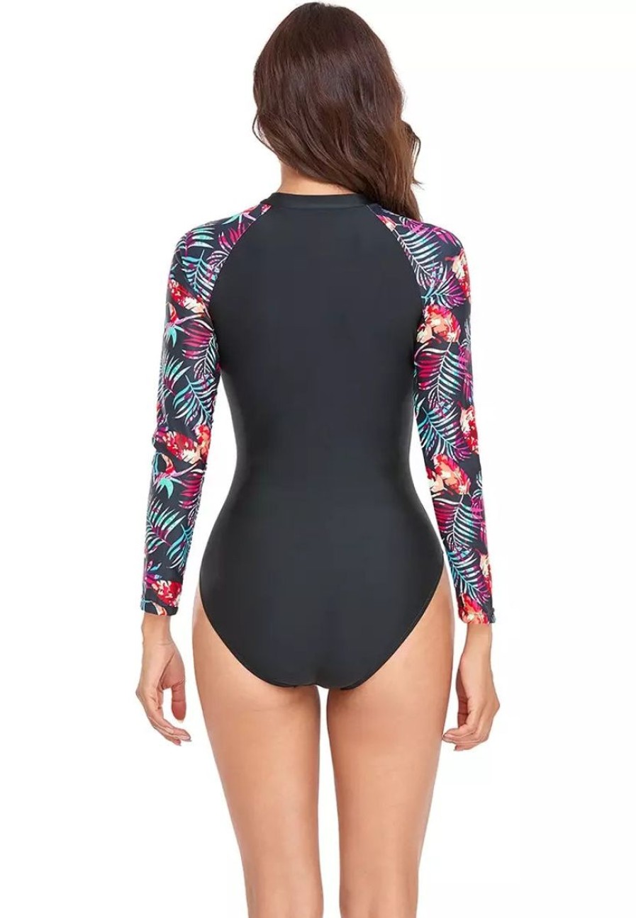 Women The Beach Company Swimwear | Uv Sun Protection Palm Print Long Sleeve Zipper Swimsuit Black/Printed