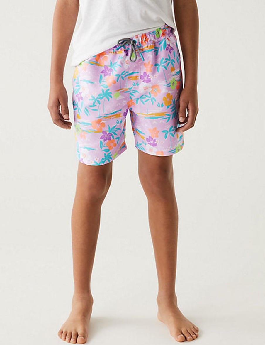 Kids Marks & Spencer Swimsuits For Boys | Tropical Print Swim Shorts Purple Mix