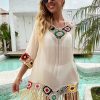 Women The Beach Company Beachwear | V Neck Asymmetrical Crochet Trim Tassel Cover Up Beige