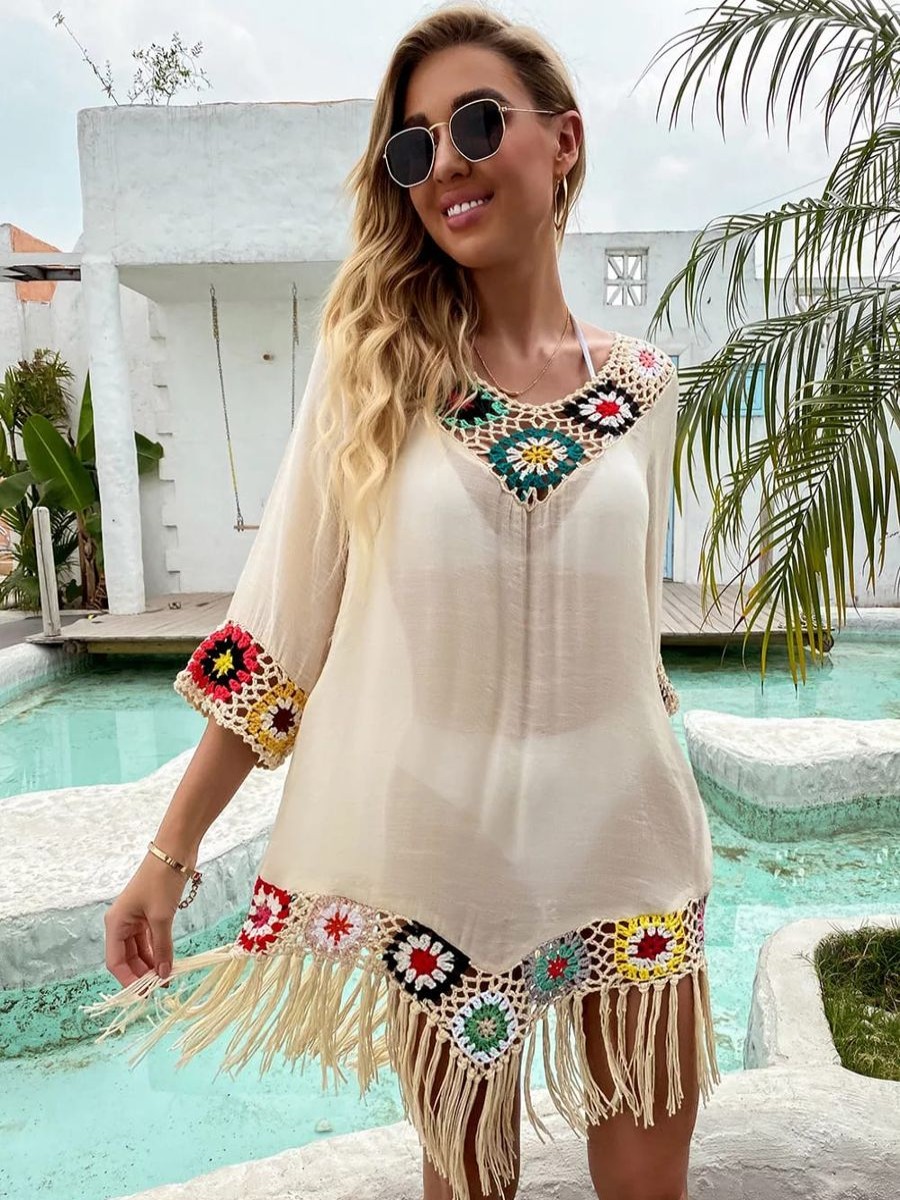 Women The Beach Company Beachwear | V Neck Asymmetrical Crochet Trim Tassel Cover Up Beige