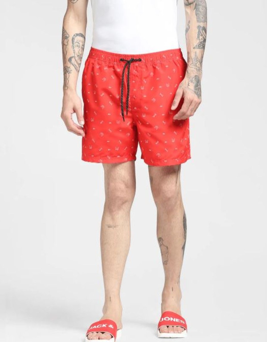 Men JACK & JONES Swimwear And Board Shorts | Red Printed Swim Shorts