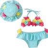 Kids The Beach Company Swimsuits For Girls | Flower 3Pcs Halter Triangle Top With Ruffle Bottom And Sun Hat Blue