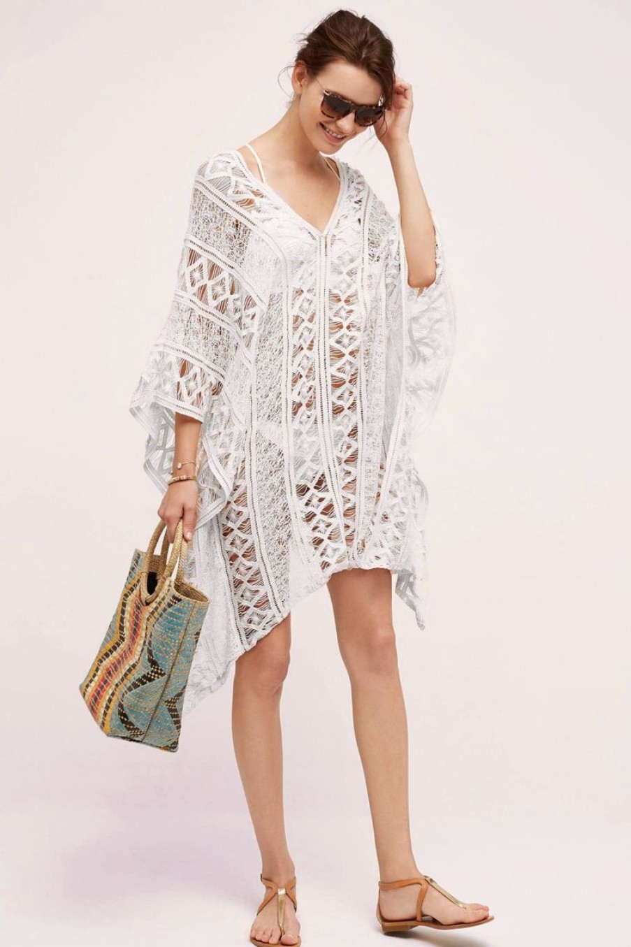 Women The Beach Company Beachwear | Hollow Out Bat Sleeve Summer Cover Up White