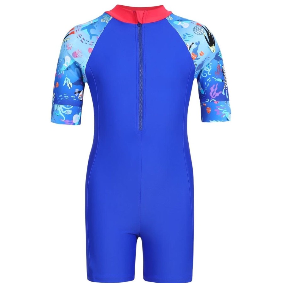 Kids Speedo Swimsuits For Boys | Corey Croc Essential All-In-One Suit Rasberry Fill/Cobalt/Azure/White