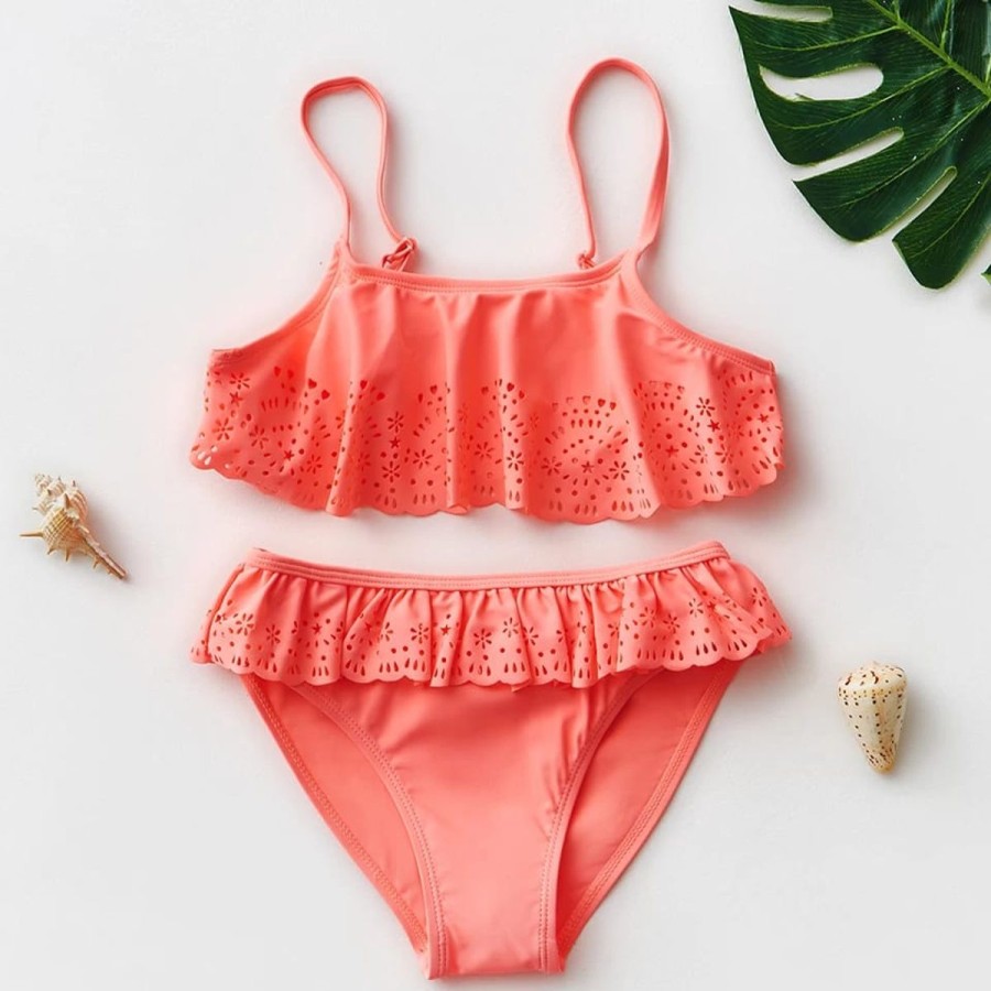 Kids The Beach Company Swimsuits For Girls | Flounced Cutwork Bikini Set Coral