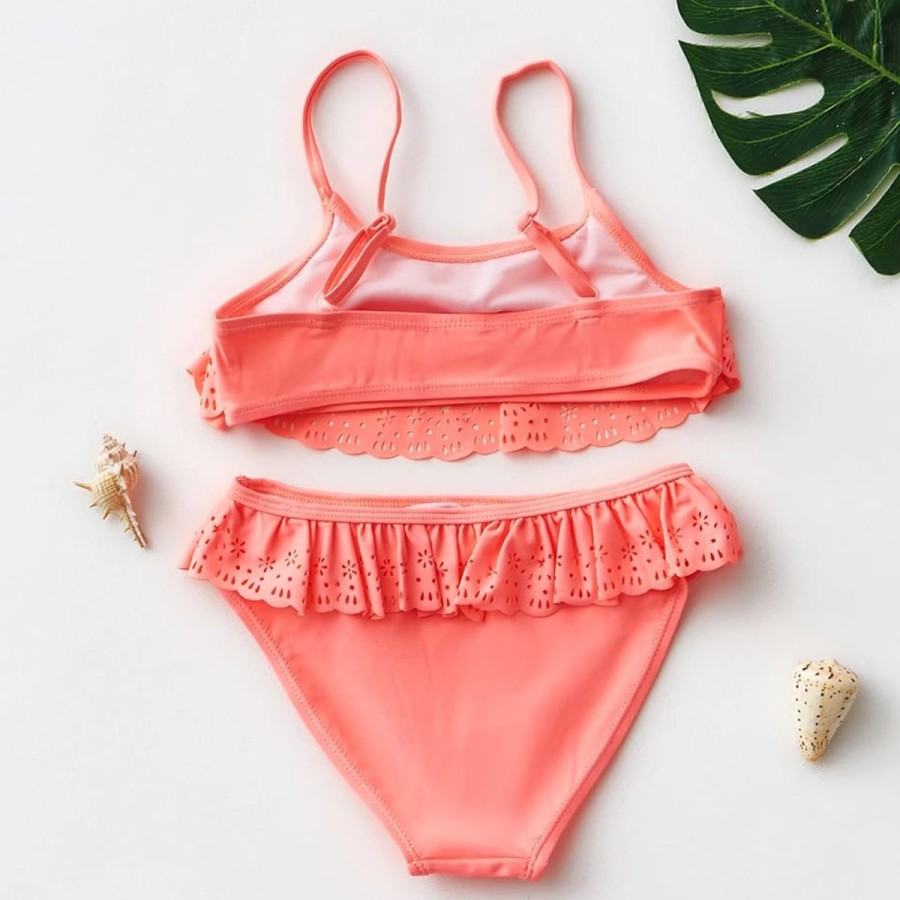 Kids The Beach Company Swimsuits For Girls | Flounced Cutwork Bikini Set Coral