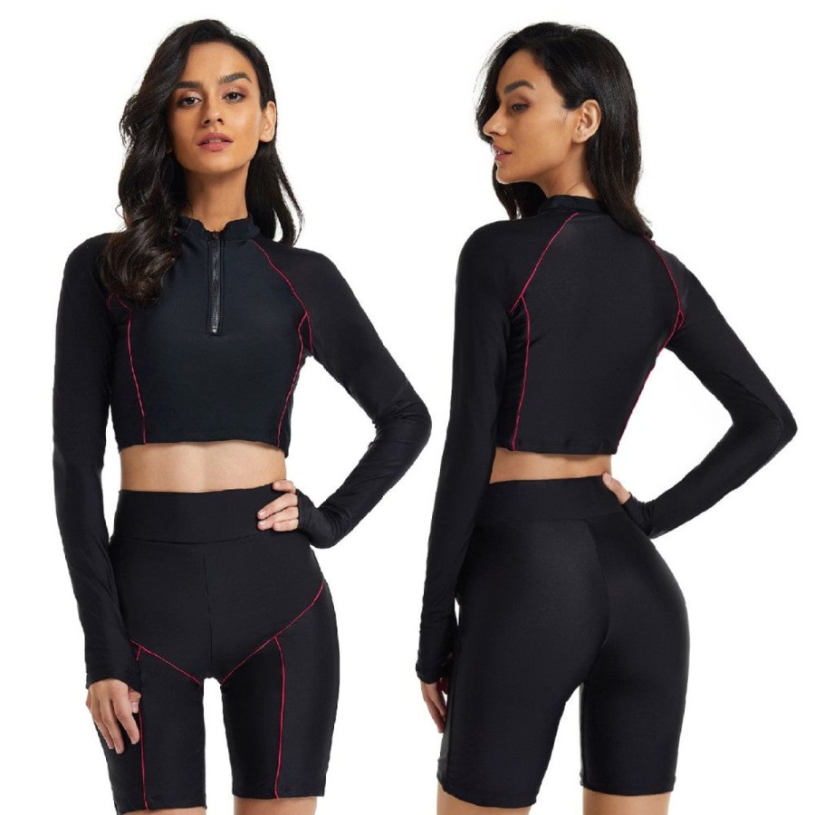 Women The Beach Company Bikini Sets | Uv Sun Protect Contrast Boyleg Rash Guard Set