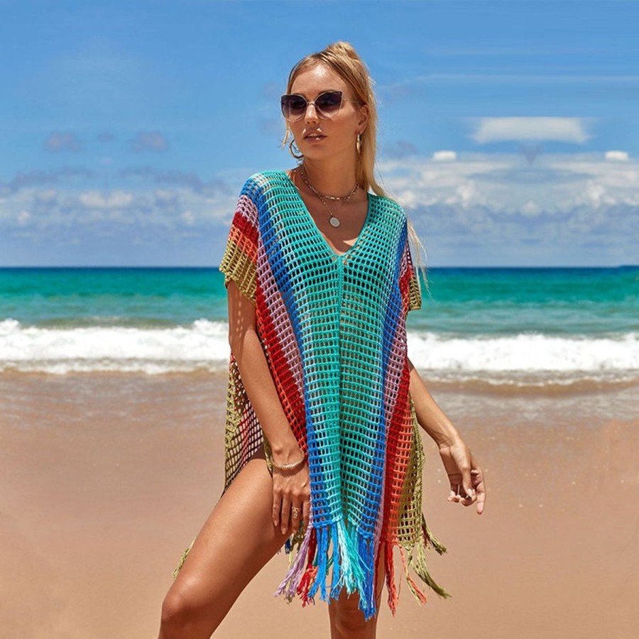 Women The Beach Company Beachwear | Boho Gradient Crochet Cover Up Blue