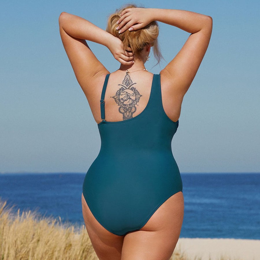 Women The Beach Company Swimwear | Plus Size Mesh One Shoulder Swimsuit Cyan Blue