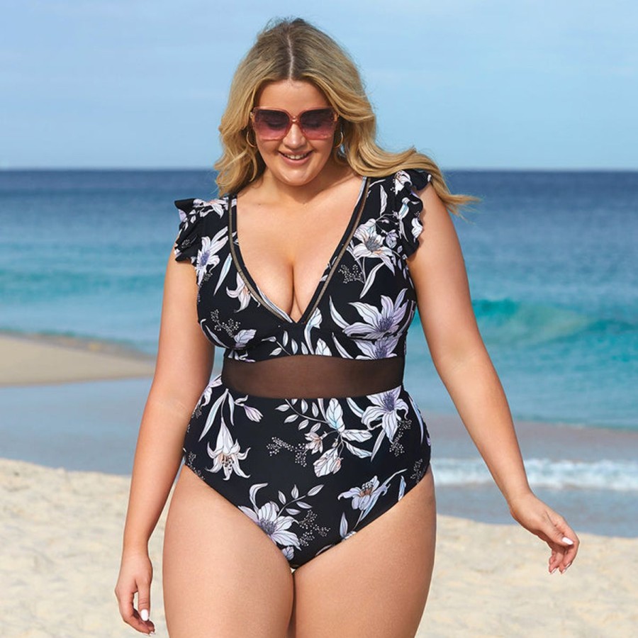 Women The Beach Company Swim & Beach | Plus Size Ladder Trim Mesh One Piece Black/ Floral