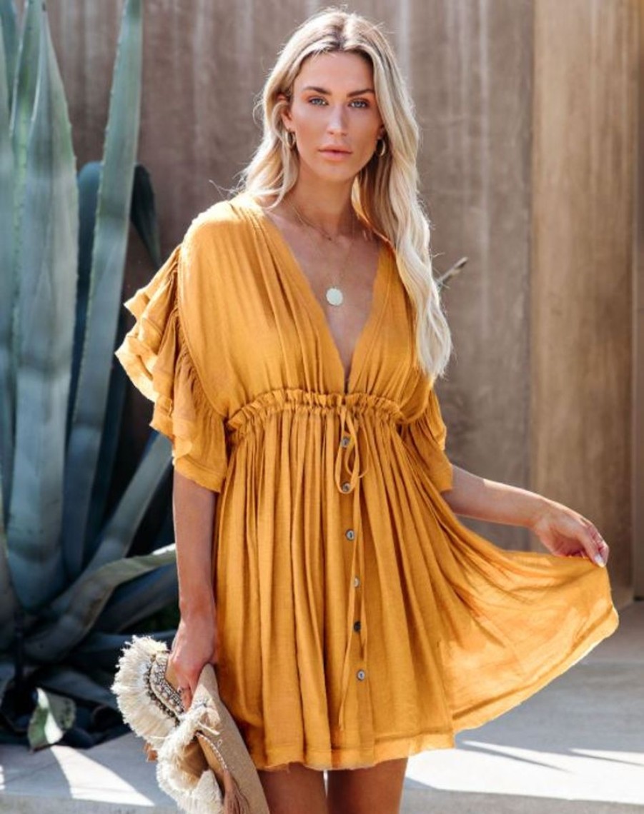 Women The Beach Company Beachwear | Butterfly Sleeve Plunge Neck Mini Dress Ochre