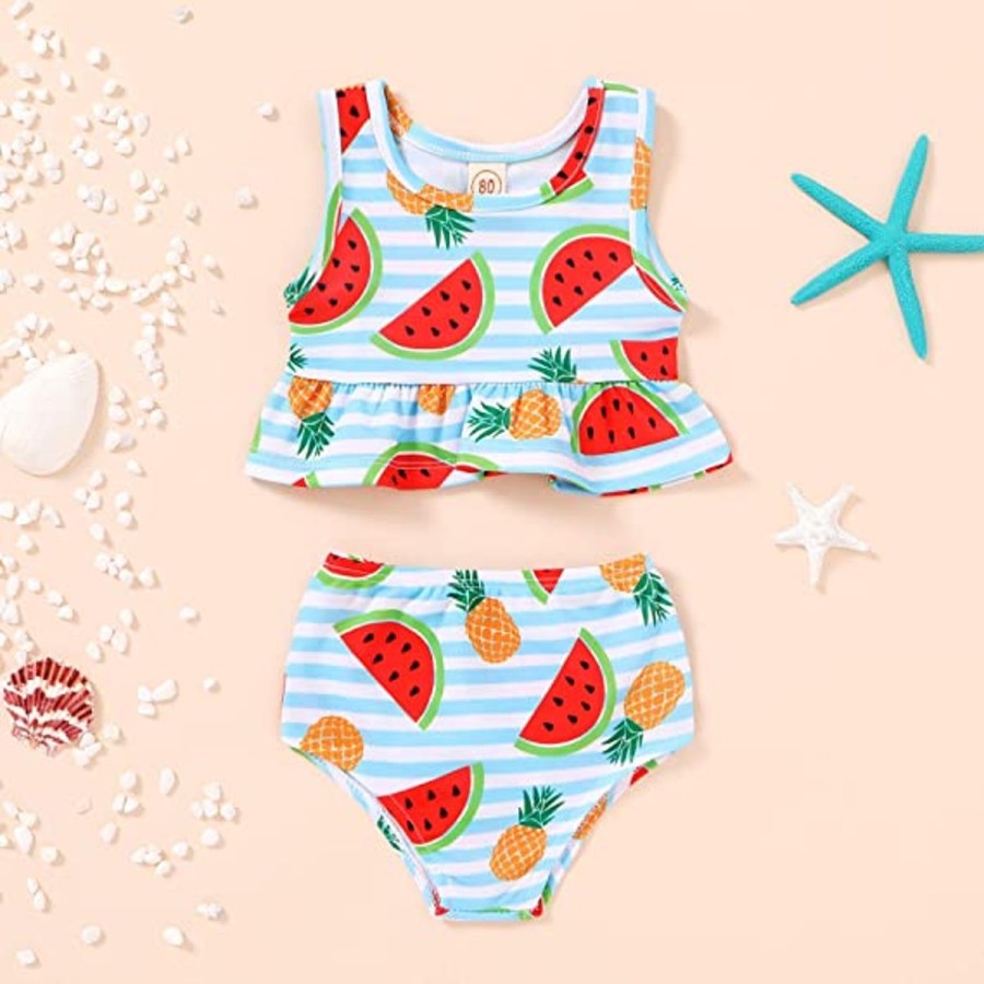 Kids The Beach Company Swimsuits For Girls | Mix Fruit Print Ruffle Set Blue Striped/Multi Print