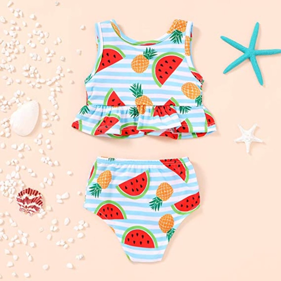 Kids The Beach Company Swimsuits For Girls | Mix Fruit Print Ruffle Set Blue Striped/Multi Print