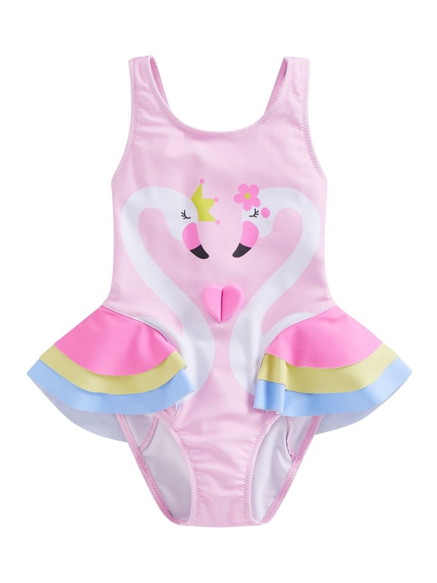 Kids The Beach Company Swimsuits For Girls | Baby Swan Print Ruffle Swimsuit Pink