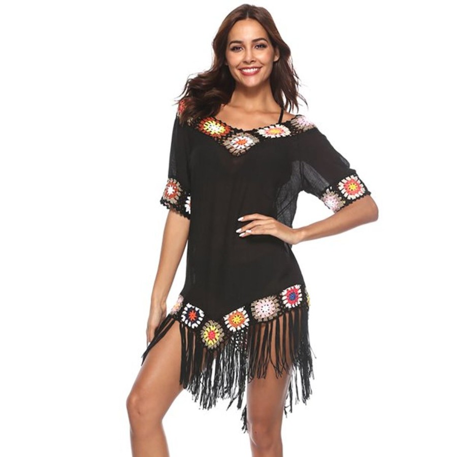 Women The Beach Company Beachwear | V Neck Asymmetrical Crochet Trim Tassel Cover Up Black