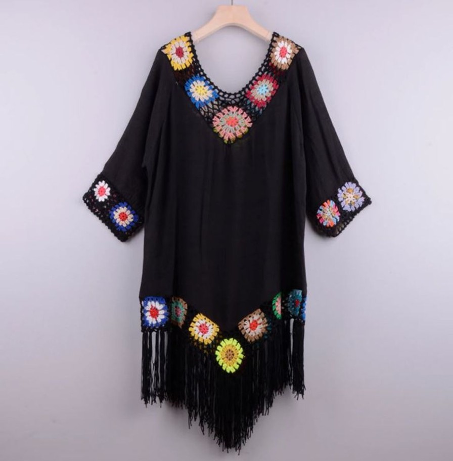 Women The Beach Company Beachwear | V Neck Asymmetrical Crochet Trim Tassel Cover Up Black