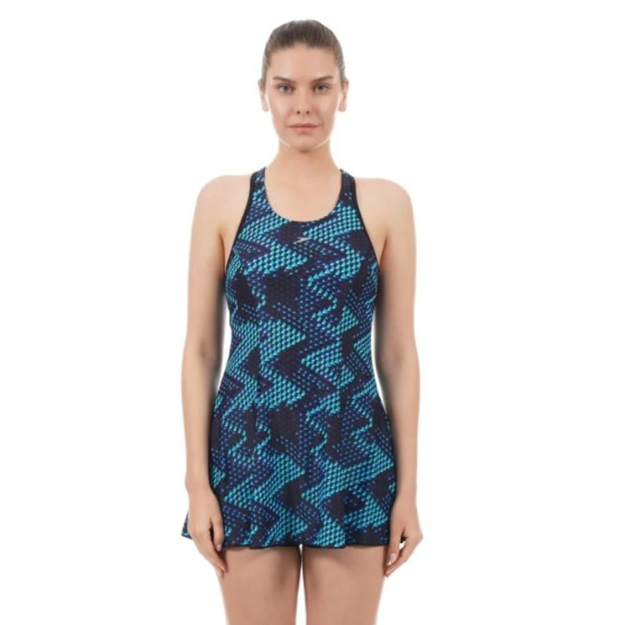 Women Speedo Swimwear | Speedo Aop Racerback Swimdress Black/Chroma Blue/Aqua Splash