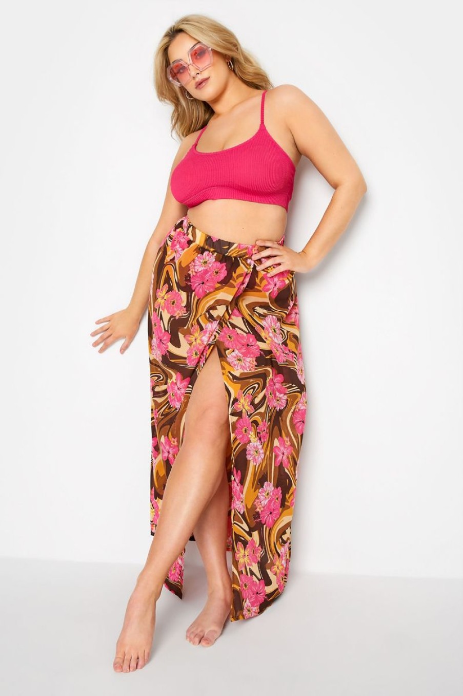 Women The Beach Company Beachwear | Floral Side Split Beach Plus Size Skirt