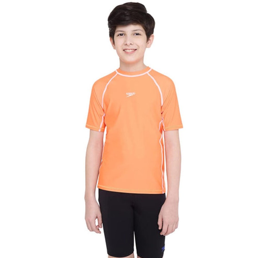 Kids Speedo Swimsuits For Boys | Speedo Swim Rashguard T-Shirt - Jr Neon Orange/White