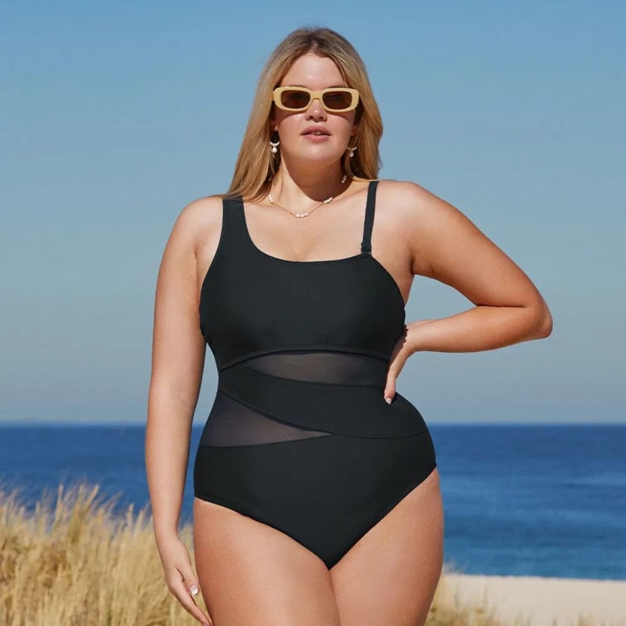 Women The Beach Company Swim & Beach | Plus Size Mesh One Shoulder Swimsuit Black