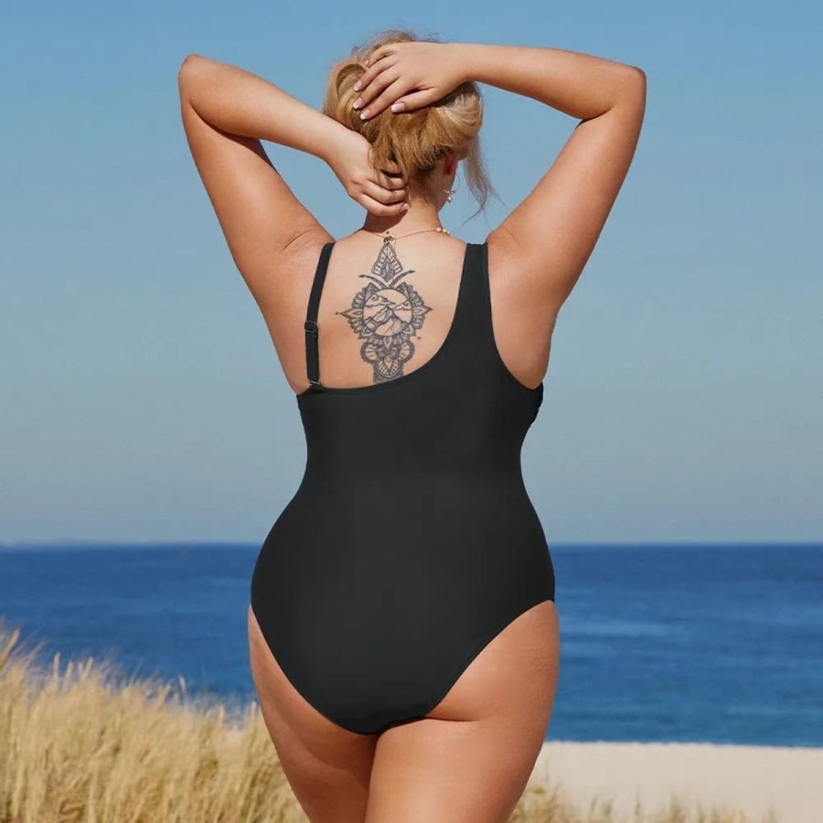 Women The Beach Company Swim & Beach | Plus Size Mesh One Shoulder Swimsuit Black