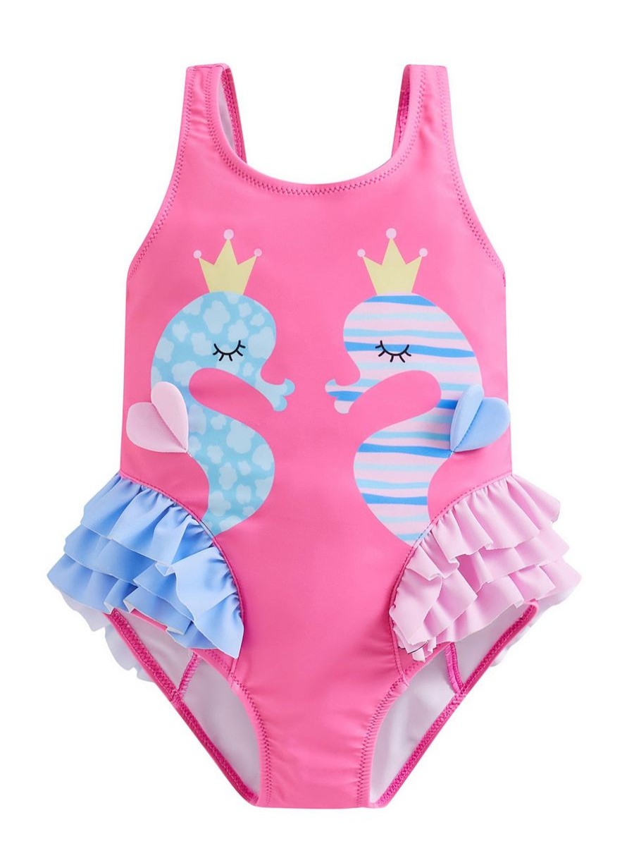 Kids The Beach Company Swimsuits For Toddlers | Sea Horse Print Ruffle Swimsuit Rose Pink