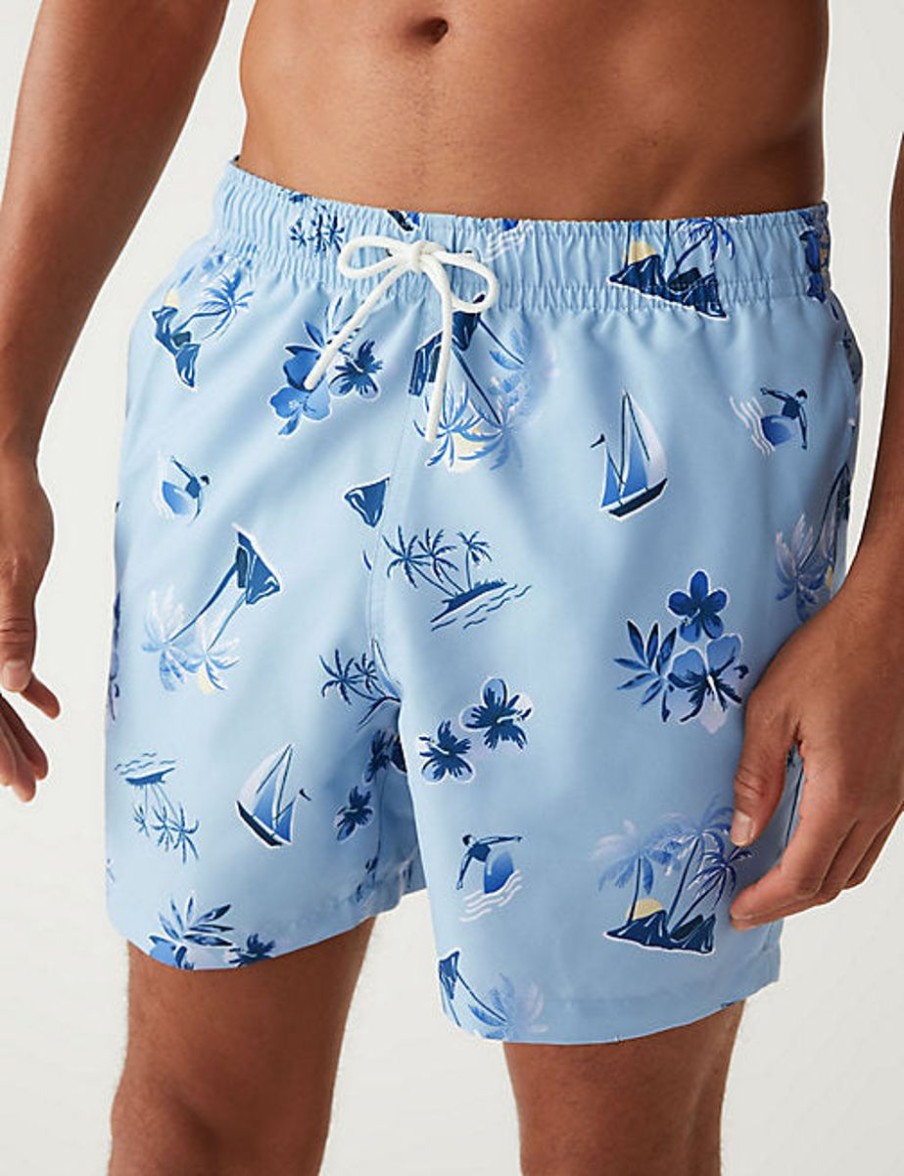 Men Marks & Spencer Swimwear And Board Shorts | Quick Dry Hawaiian Swim Shorts Light Blue