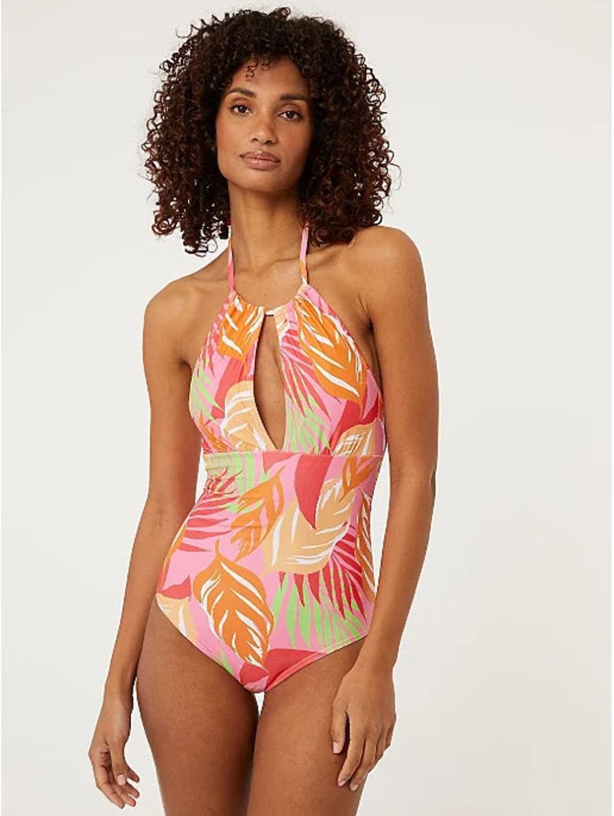 Women George Swimwear | Bright Palm Leaf Halter Neck Swimsuit