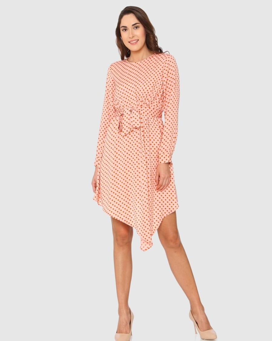 Women Vero Moda Beachwear | Peach Polka Dot Print Asymmetric Fit & Flare Dress Misty Rose