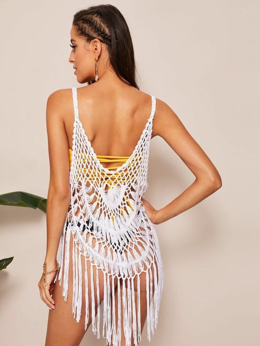 Women The Beach Company Beachwear | Curved Hem Crochet Fringe Cover Up White