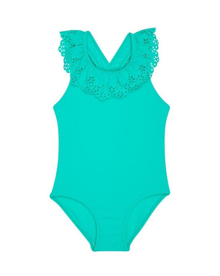 Kids Mothercare Swimsuits For Girls | Green Cutwork Yoke Swimsuit