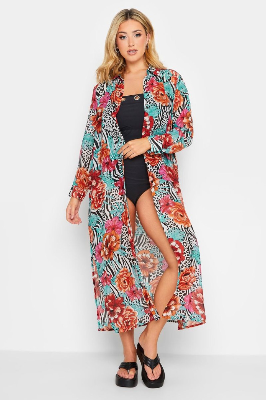 Women The Beach Company Swim & Beach | Floral Animal Print Longline Plus Size Beach Shirt