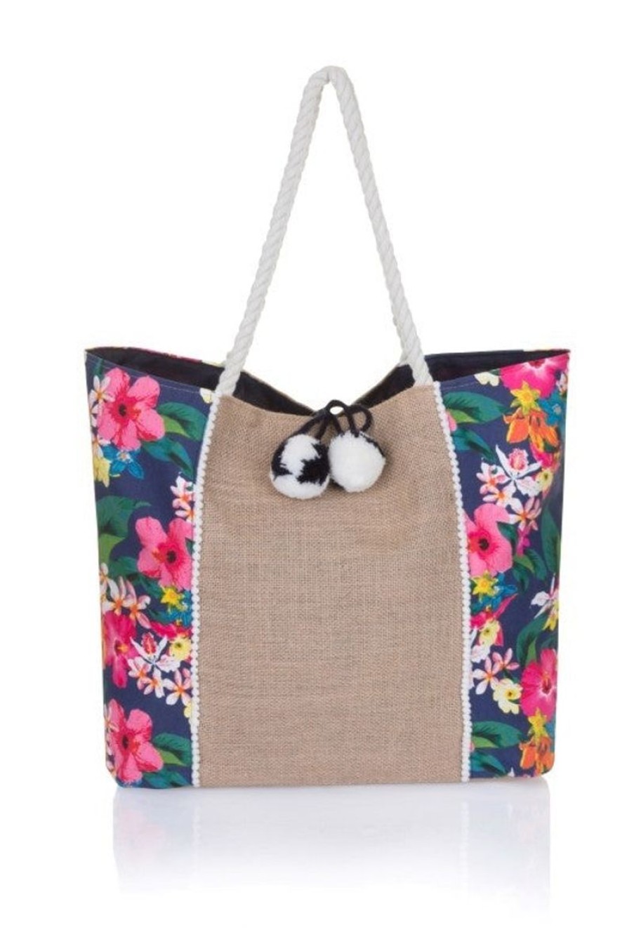 Women South Beach Bags & Totes | Jute Insert Floral Tote Bag Navy