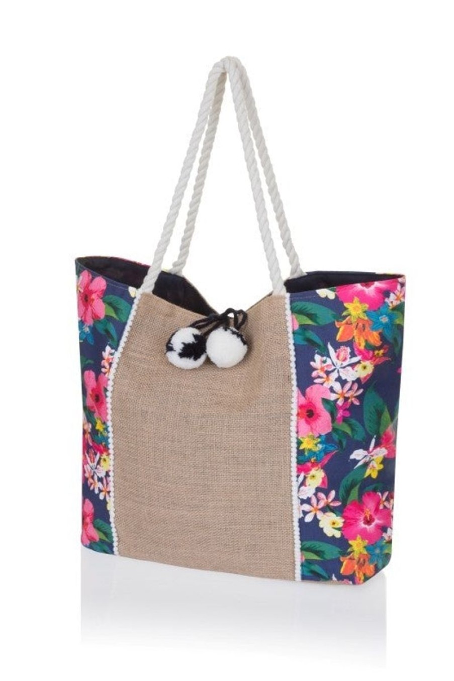 Women South Beach Bags & Totes | Jute Insert Floral Tote Bag Navy