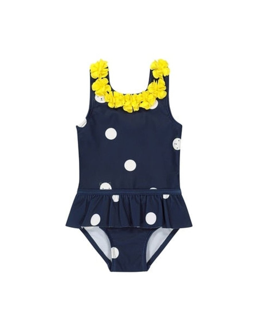 Kids Mothercare Swimsuits For Girls | 3D Floral Applique Polka-Dot Print Swimsuit Navy