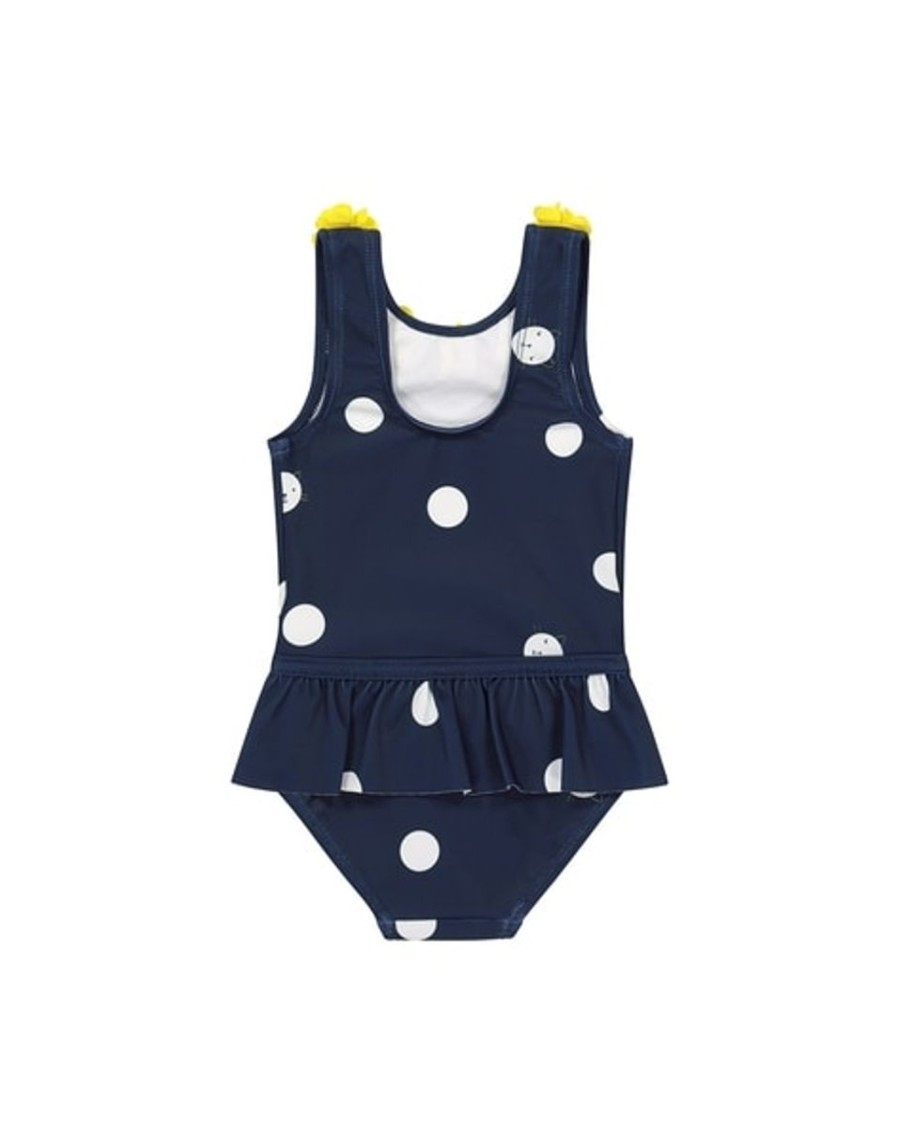 Kids Mothercare Swimsuits For Girls | 3D Floral Applique Polka-Dot Print Swimsuit Navy