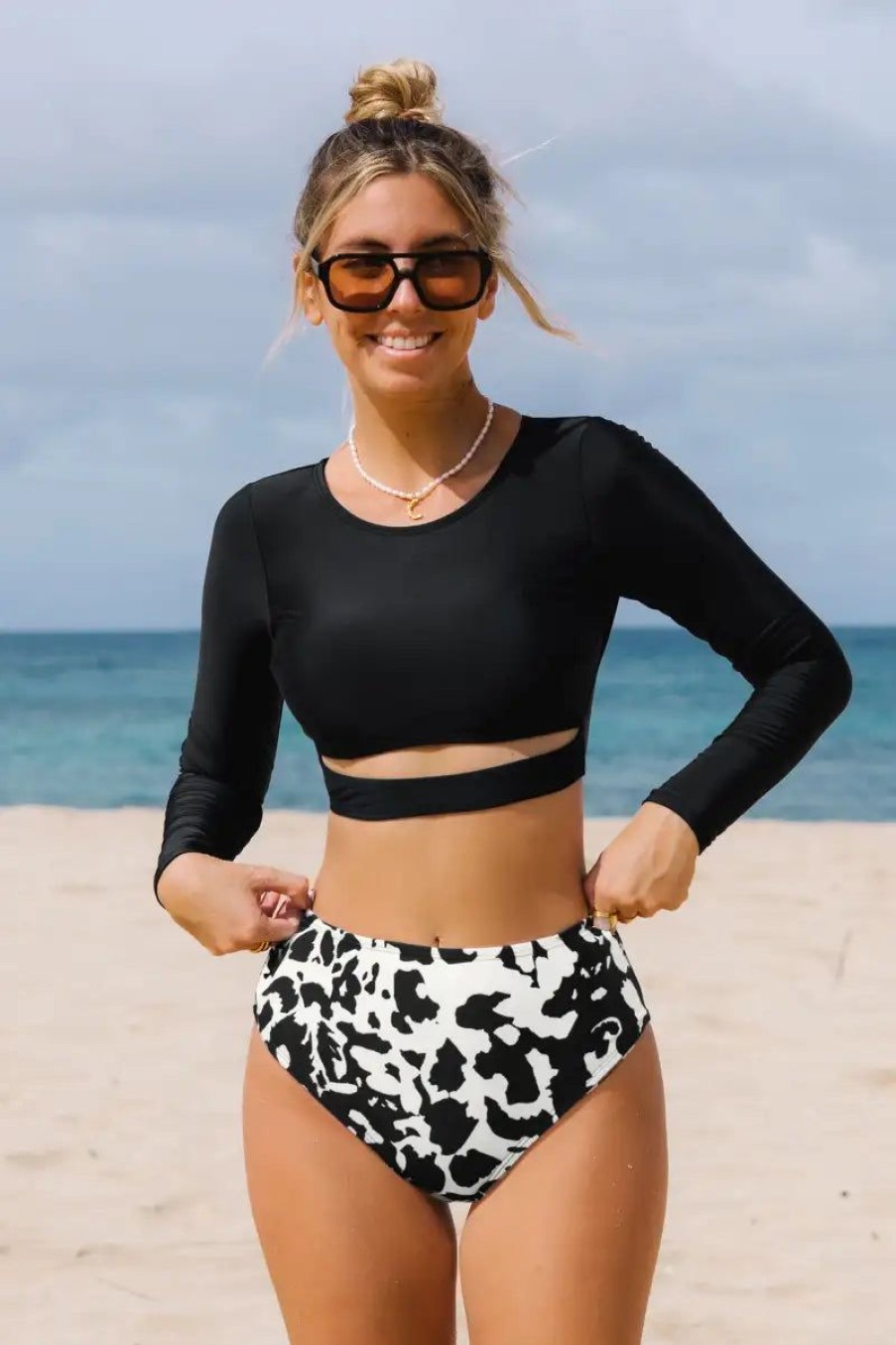 Women The Beach Company Bikini Sets | Uv Protect Rashguard High Waisted Bikini Set Monochrome