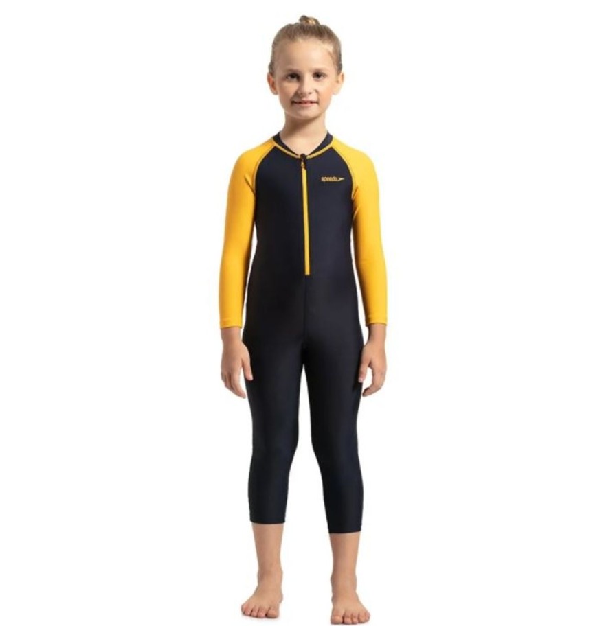 Kids Speedo Swimsuits For Girls | Speedo Color Block Ls All-In-1 Suit True Navy/Mango