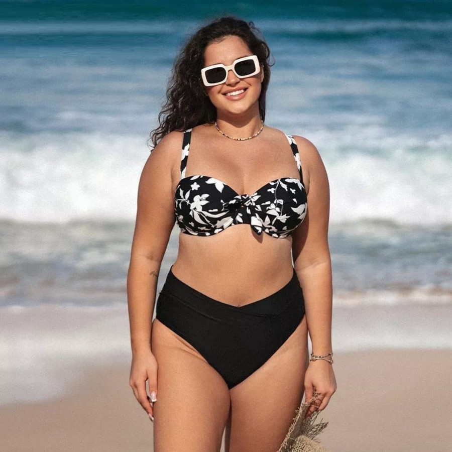 Women The Beach Company Bikini Sets | Retro Underwired Plus Size High Waist Bikini Set Monochrome