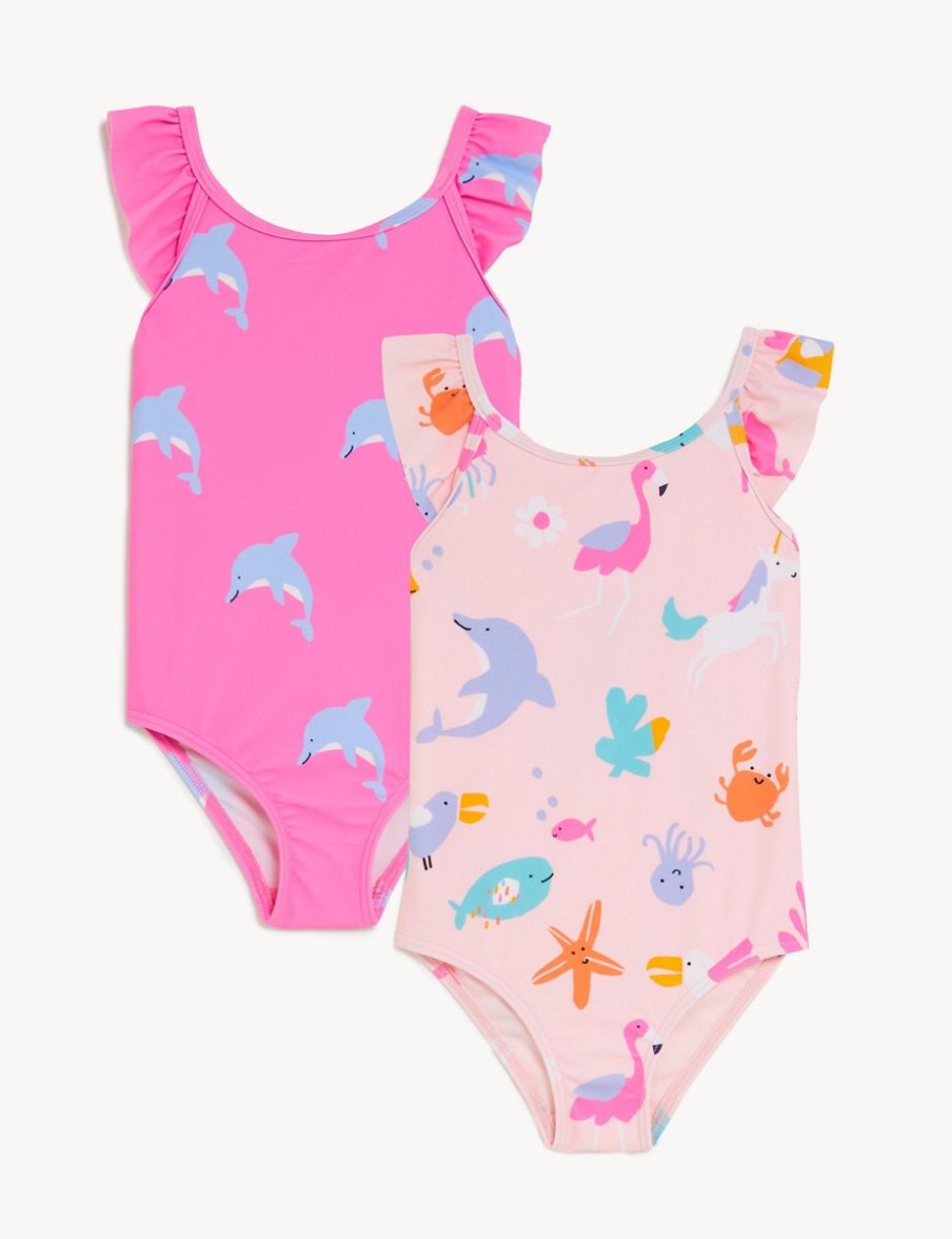 Kids Marks & Spencer Swimsuits For Girls | 2Pk Dolphin Frill Swimsuits Multi