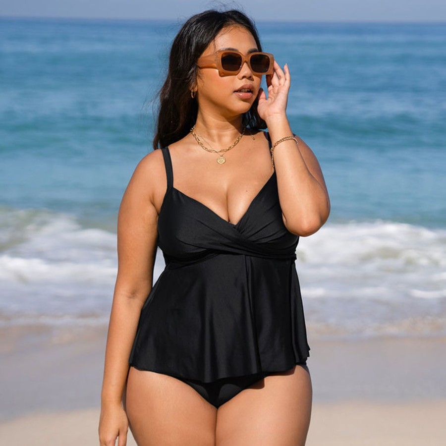 Women The Beach Company Bikini Sets | High Waisted Ruffle Wrap Tankini - Plus Size Black